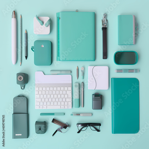 Flat Lay Of Office Supplies Stationery Soft Green Illustration