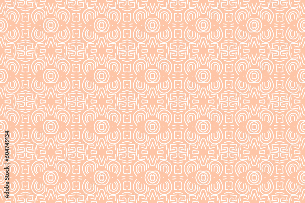 Orange and white geometric pattern, organic contours, interlocking archetypal symbols, delicate flowers. Orange and white geometric pattern, organic contours, interlocking archetypal symbols, delicate flowers.