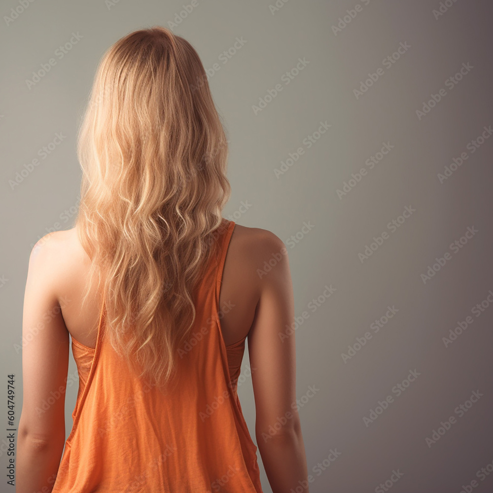 Young beautiful slim woman, view from the back and isolated background. Generative AI Young beautiful slim woman, view from the back and isolated background. Generative AI