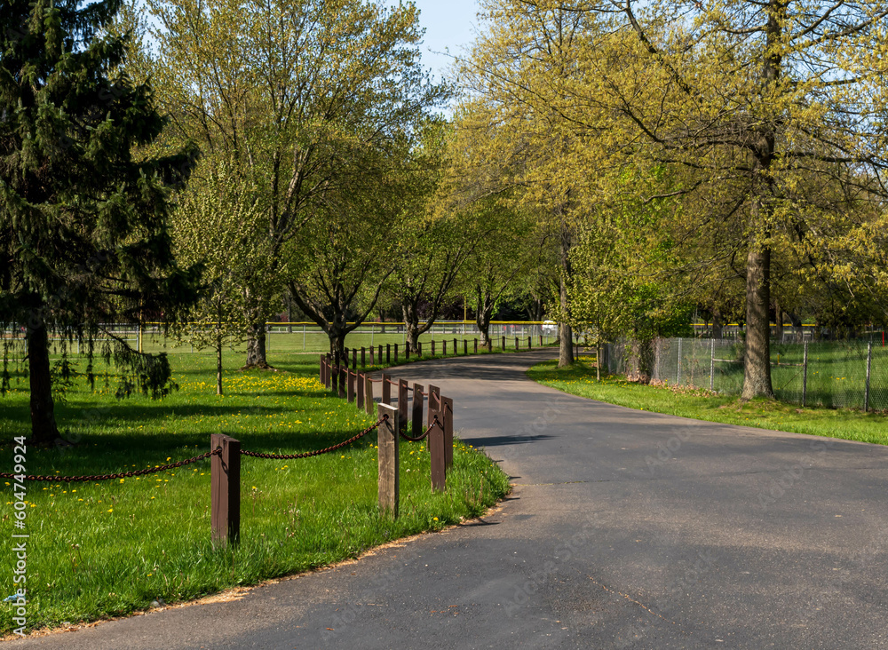 A winding road in Betts Park in Warren, Pennsylvania, USA on a sunny spring day