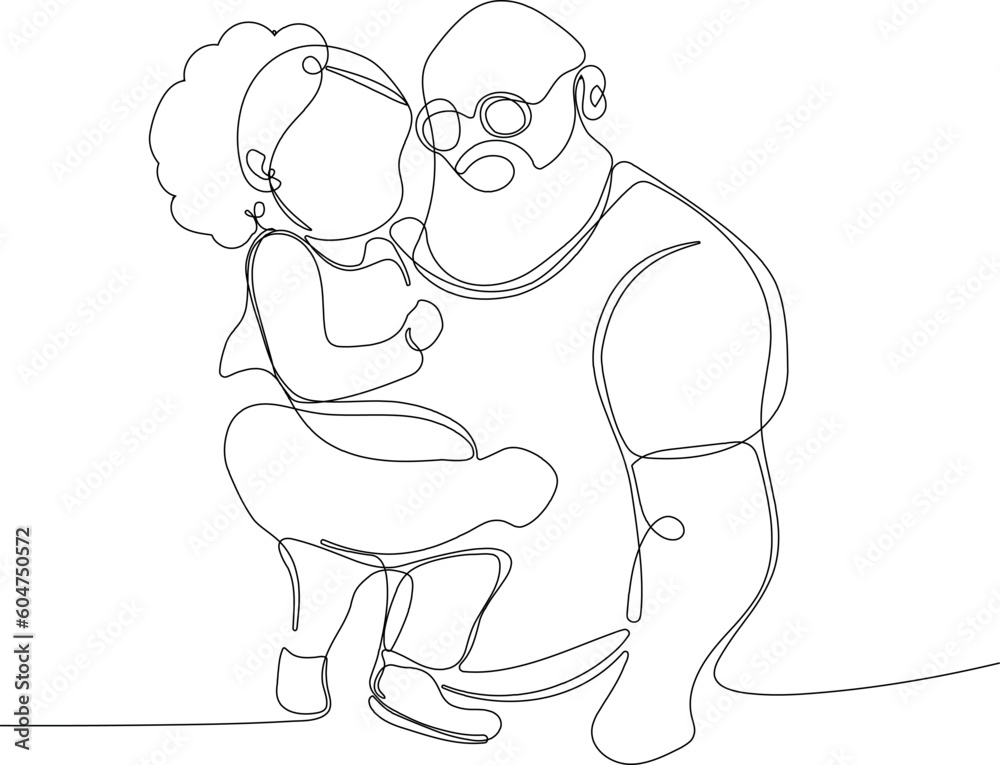 Hugs of a father with a child. One continuous line drawing banner, background, poster with family embrace. Happy Father Day simple vector illustration of child and father. Vector illustration