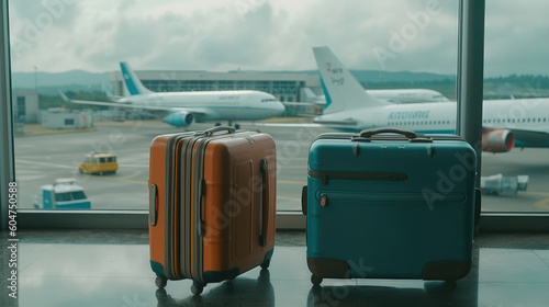 Suitcases for travel in the airport waiting room, the concept of summer holidays and travel, a traveler's suitcase in the waiting area of the airport terminal, emphasis on suitcases.. Generative AI
