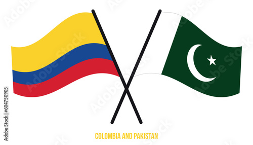 Colombia and Pakistan Flags Crossed And Waving Flat Style. Official Proportion. Correct Colors.