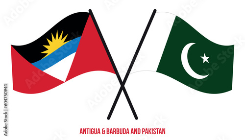 Antigua & Barbuda and Pakistan Flags Crossed & Waving Flat Style. Official Proportion. Correct Color