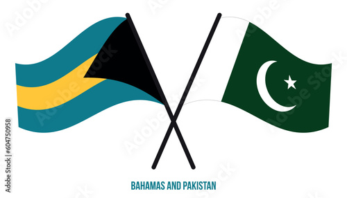Bahamas and Pakistan Flags Crossed And Waving Flat Style. Official Proportion. Correct Colors.