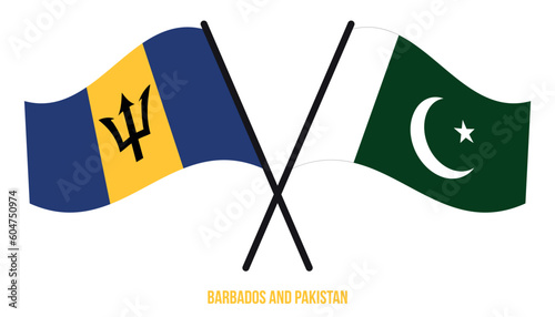 Barbados and Pakistan Flags Crossed And Waving Flat Style. Official Proportion. Correct Colors.