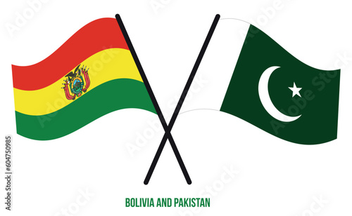 Bolivia and Pakistan Flags Crossed And Waving Flat Style. Official Proportion. Correct Colors.