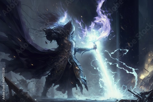 Sorcerer magic battle casting spell against demon. distinct generative AI image.