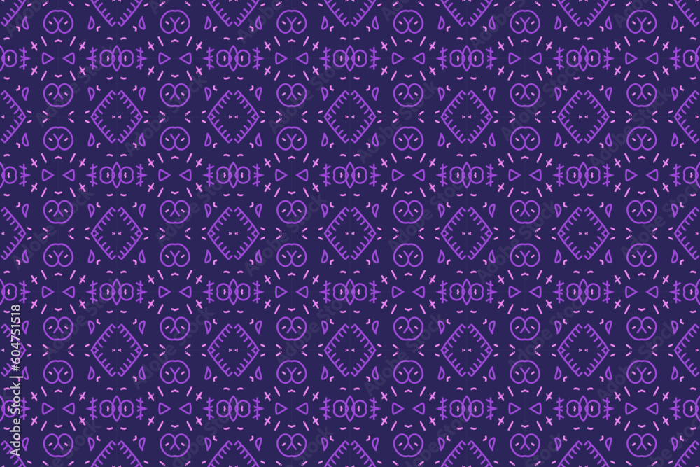 Modern simple geometric vector seamless pattern with flowers, line texture on purple background. Abstract floral wallpaper, tile ornament.