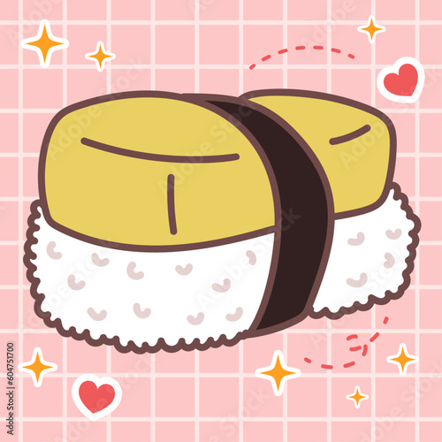 Kawaii food of tamago nigiri sushi. Vector hand drawn cute cartoon character illustration logo icon. Cute Japan anime, manga style concept design