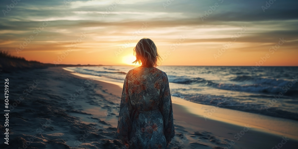 A young beautiful woman stands with her back against the background of the sea and the seashore, in the rays of the setting sun. Generative AI A young beautiful woman stands with her back against the background of the sea and the seashore, in the rays of the setting sun. Generative AI