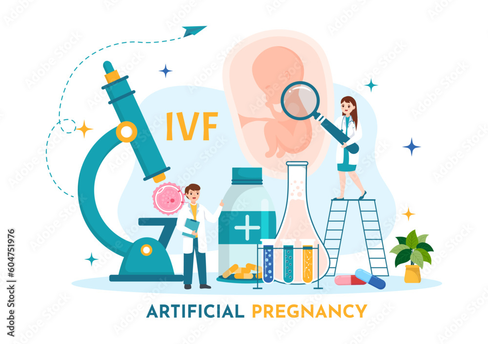 Artificial Pregnancy Vector Illustration with Couple After Successful Embryo Engraftment and Reproductology Health in Cartoon Hand Drawn Templates