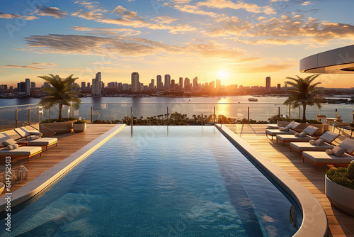 Luxury penthouse infinity pool, showcasing a stylish pool deck with modern lounge chairs, sleek design elements, and panoramic city views. Generative AI