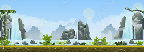 2D Flat Side Scrolling Waterfall Game Background and Vector Illustration
