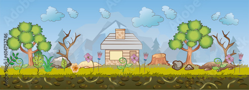 2D Side Scrolling Forest Cabin Game Background and Wallpapers