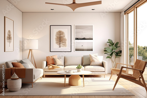 Modern Scandinavian spacious living room with a soothing ambiance  sleek furniture  and warm wood accents.  Generative AI