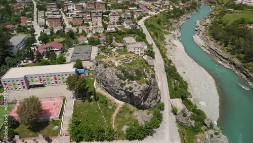 Aerial shot of the big stones on a sunny day where you can see the guri i qytetit rock. Përmet is a small town and municipality in Gjirokastër County, southern Albania. photo