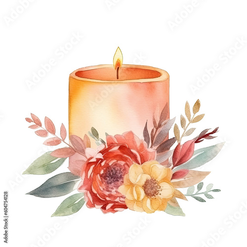 candle with flowers in the style of romantic watercolor isolated on a transparent background