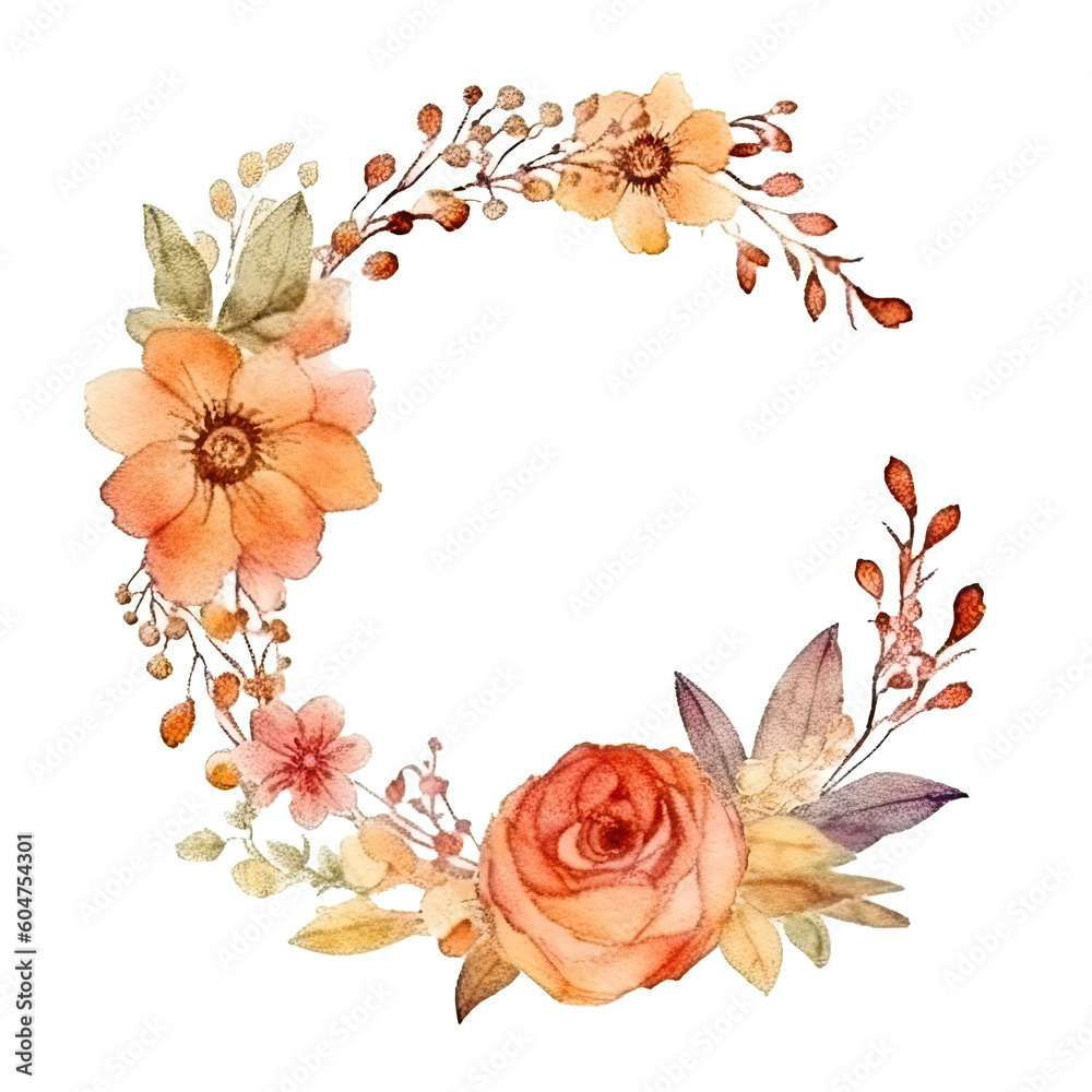 floral wreath frame in the style of romantic watercolor isolated on a transparent background
