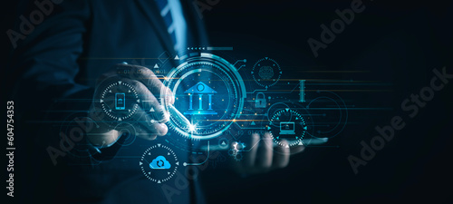 Man touch Digital virtual bank on network of Financial data and banking and Decentralized Finance.Digital banking, Virtual bank, Online banking and digital money.cyber security.big data