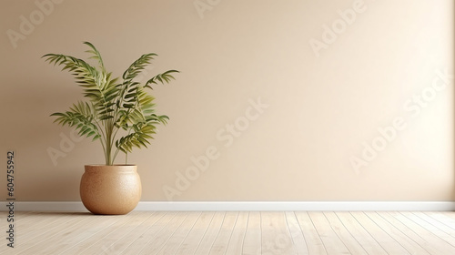 Empty room interior background beige wall pot with plant.