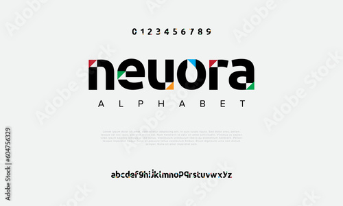 Neuora abstract digital technology logo font alphabet. Minimal modern urban fonts for logo, brand etc. Typography typeface uppercase lowercase and number. vector illustration