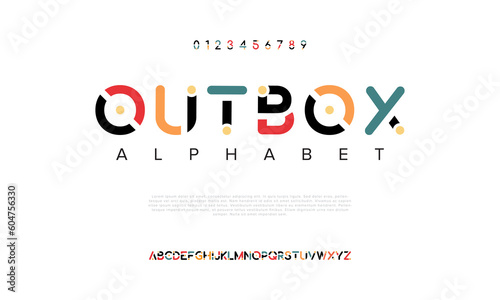 Outbox abstract digital technology logo font alphabet. Minimal modern urban fonts for logo, brand etc. Typography typeface uppercase lowercase and number. vector illustration