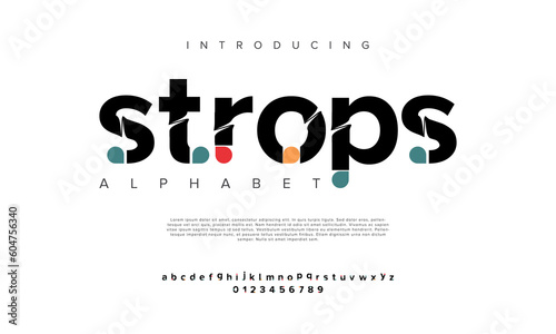 Strops abstract digital technology logo font alphabet. Minimal modern urban fonts for logo, brand etc. Typography typeface uppercase lowercase and number. vector illustration