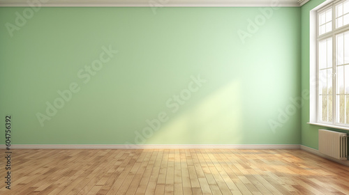 Light green wall in empty room with a wooden floor.  © Aura