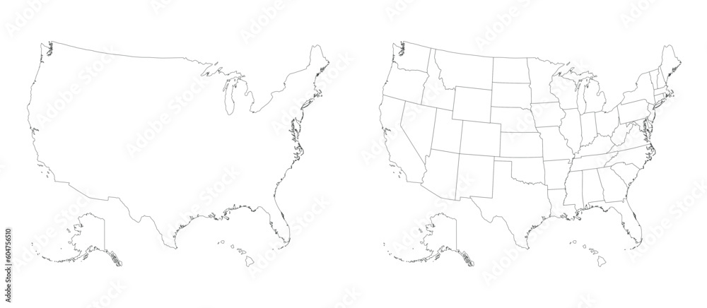 USA map. American Flag one white black outline 