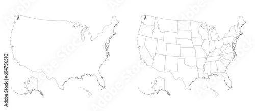 USA map. American Flag one white black outline 