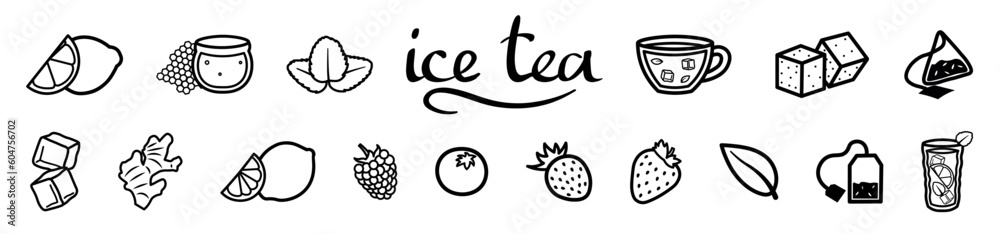 Banner with ingredients for iced tea on white background Banner with ingredients for iced tea on white background