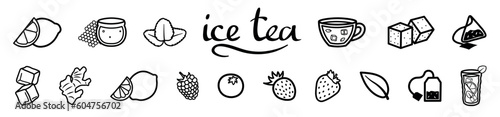 Banner with ingredients for iced tea on white background