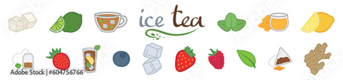 Banner with ingredients for iced tea on white background