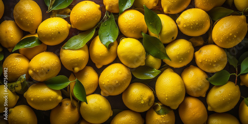 Fresh Yellow Lemons with Droplets of Water and Leafs, Top-View Close-Up Background