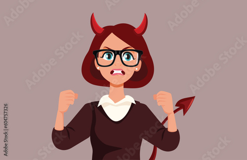 Evil Businesswoman feeling Furious and Angry Vector Cartoon. Enraged CEO feeling and acting in mean spirit losing temper
