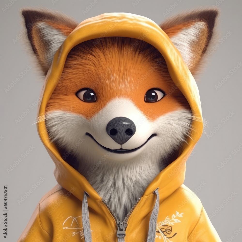 3D cartoon fox portrait wearing clothes, standing in front, generative ai