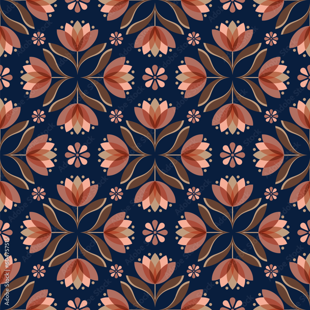 Classic and elegant floral seamless pattern. Coral and brown flower motifs on navy background.