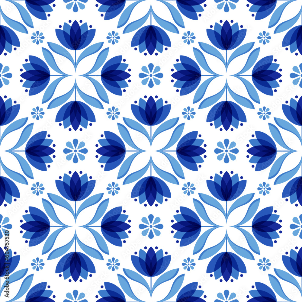 Seamless pattern with blue floral motifs. Repeatable pattern tile inspired by Mediterranean tile. Seamless pattern with blue floral motifs. Repeatable pattern tile inspired by Mediterranean tile.
