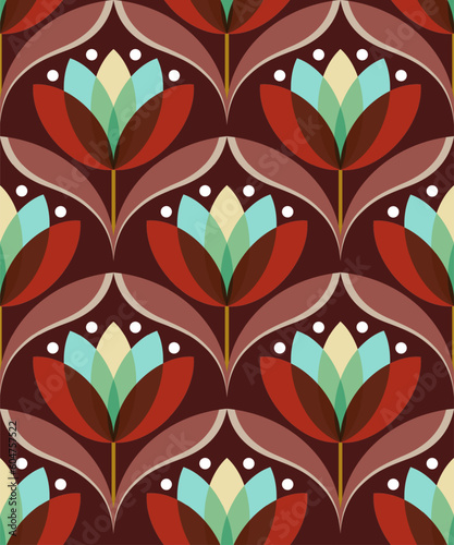 Bold floral seamless pattern in retro colors. Applicable for wallpaper, fabric, stationaries, etc.