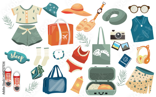 Set of travel accessories on white background