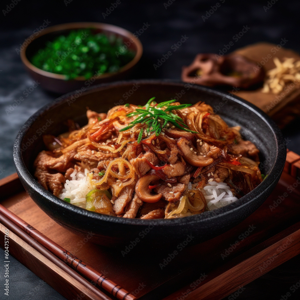 Thinly sliced pork and onions served over rice Thinly sliced pork and onions served over rice