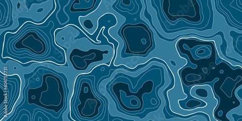 Stylized topographic contour map. Geographic dark blue mountain relief. Abstract lines on wavy background. Vector illustration.
