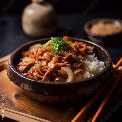 Thinly sliced pork and onions served over rice