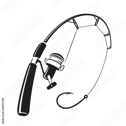 Hand drawn curved fishing rod, black fishing rod, white background