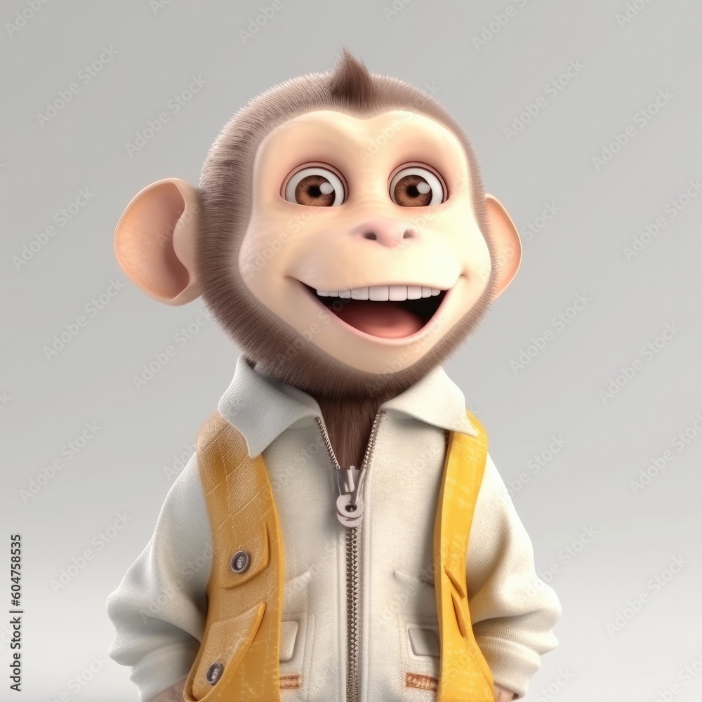 3D cartoon monkey portrait wearing clothes, standing in front, generative ai 3D cartoon monkey portrait wearing clothes, standing in front, generative ai