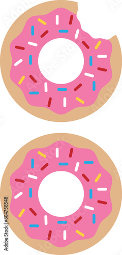A donut with pink frosting and sprinkles flat vector illustration. Whole donut and donut with a bite.