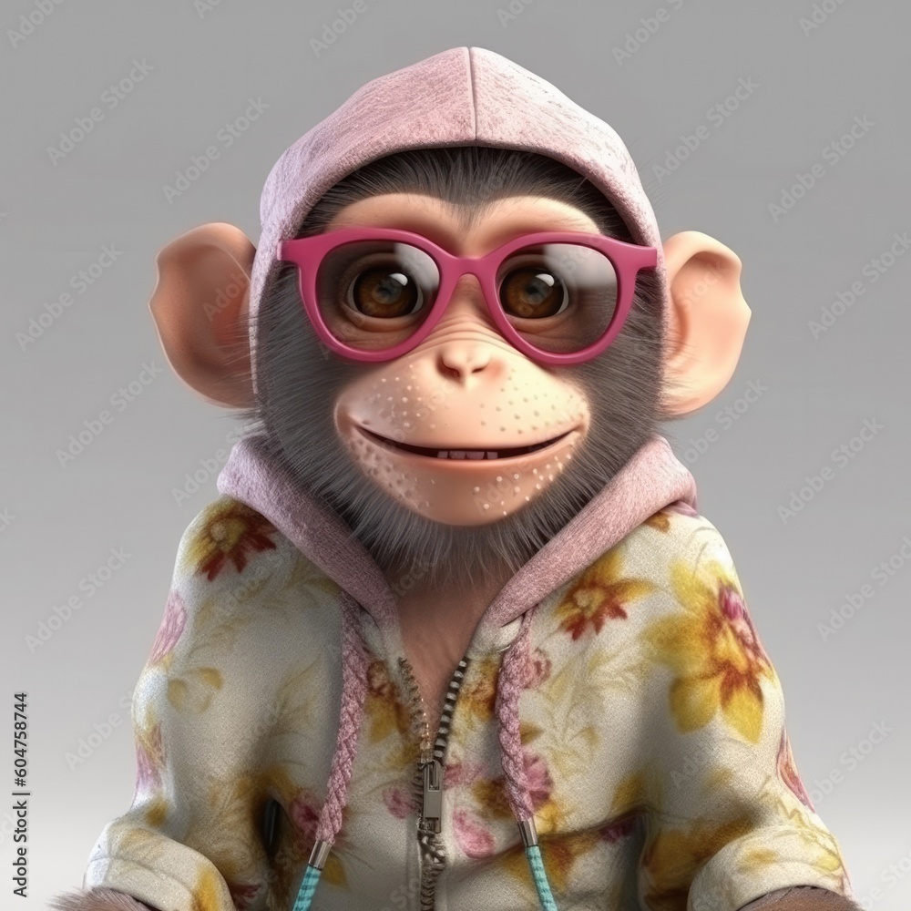 Obraz premium 3D cartoon monkey portrait wearing clothes, standing in front, generative ai