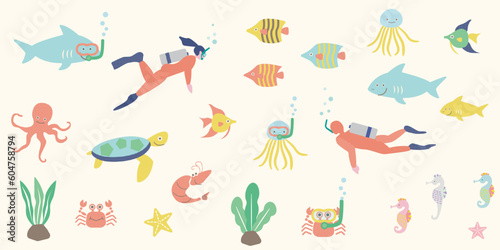 熱帯魚やウミガメやエビなどの海の生き物とスキューバダイビングをするカップルのイラスト