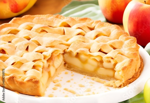 A pie with a lattice top and a slice missing, sitting on a white plate. There are apples and a bowl in the background.